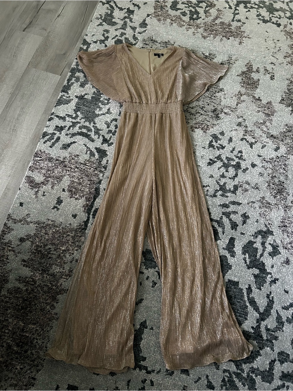 1. State Metallic Taupe Wide-Leg Jumpsuit with Flutter Sleeves